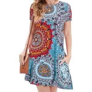 Popyoung | Women's Blue & Orange Geometric Print Soft T-Shirt Dress Size Medium